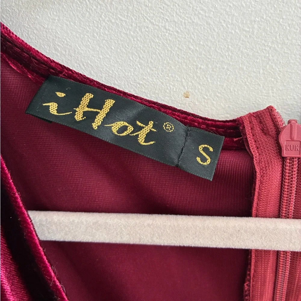 Velvet Wrap Burgundy Cocktail Dress with Sheer Polka Dot Sleeves - Picture 5 of 5